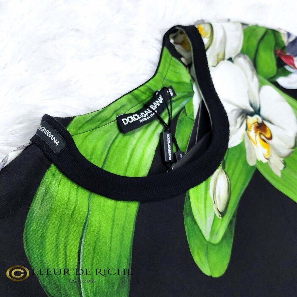 Dolce & Gabbana Elegant Orchid Print Crewneck T-shirt Black sz 48 - Picture 4 of 9